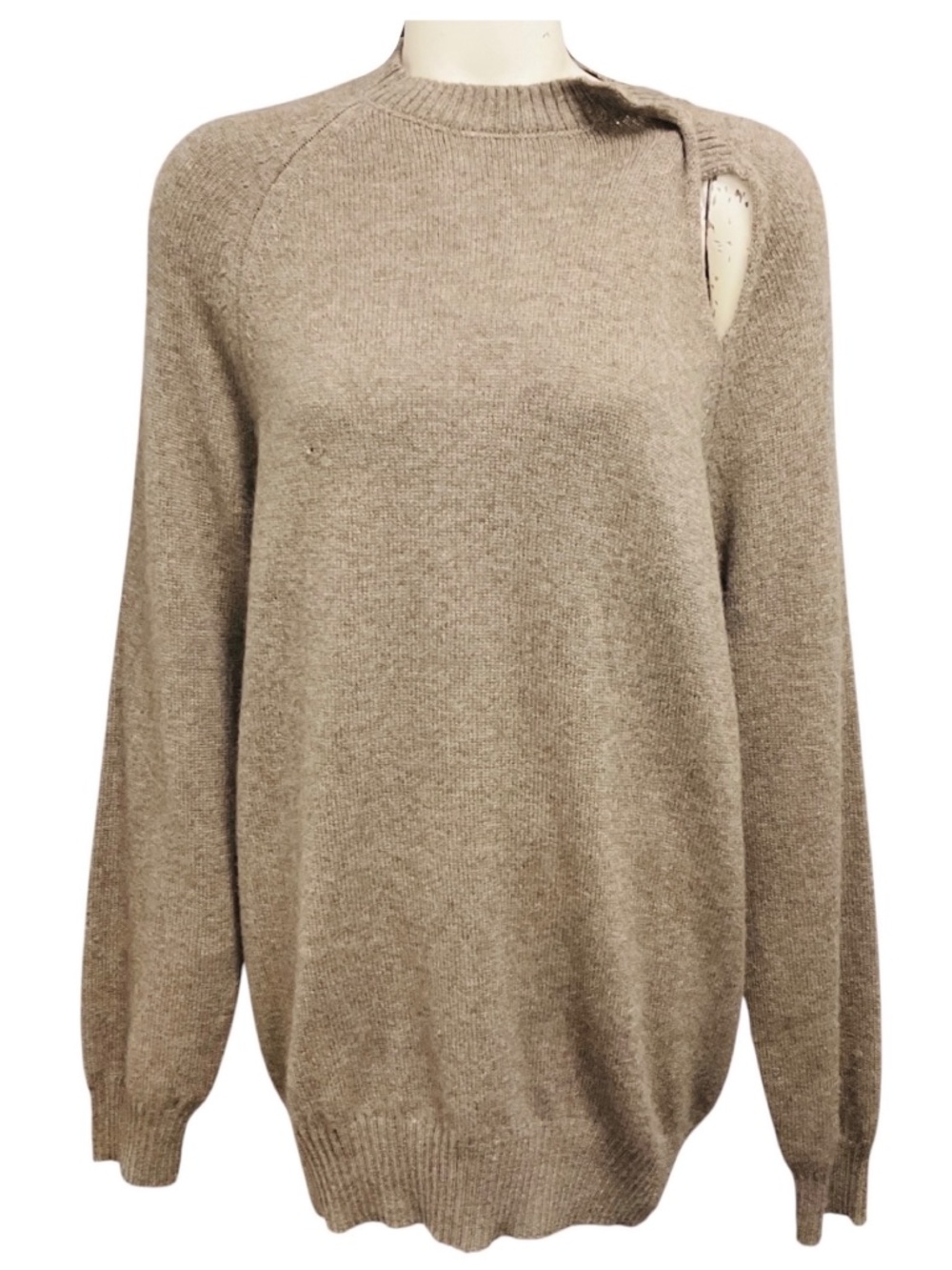 CELINE TAUPE WOOL AND ALPACA KNIT SWEATER WITH CUT OUT DETAIL